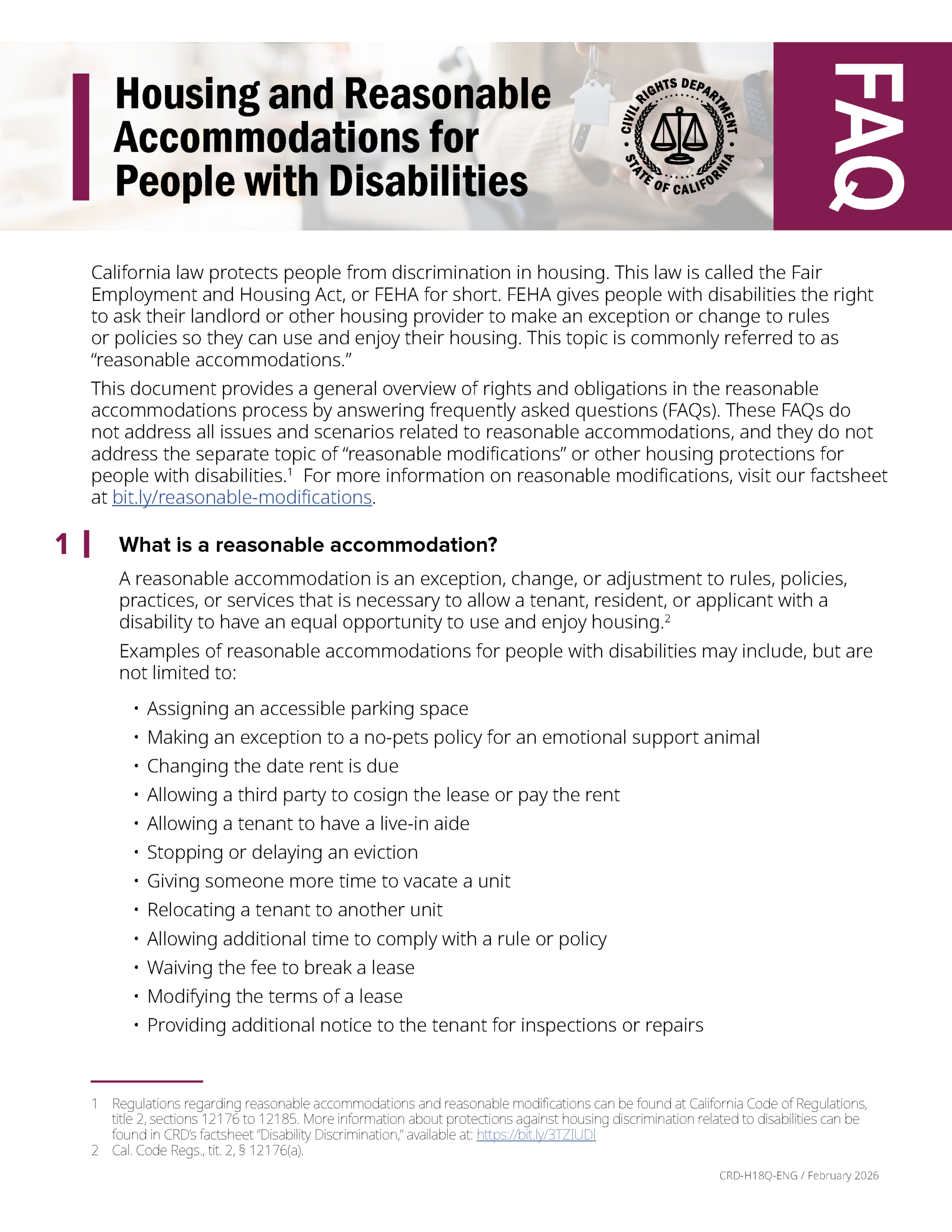 Housing and Reasonable Accommodations for People with Disabilities FAQ PDF